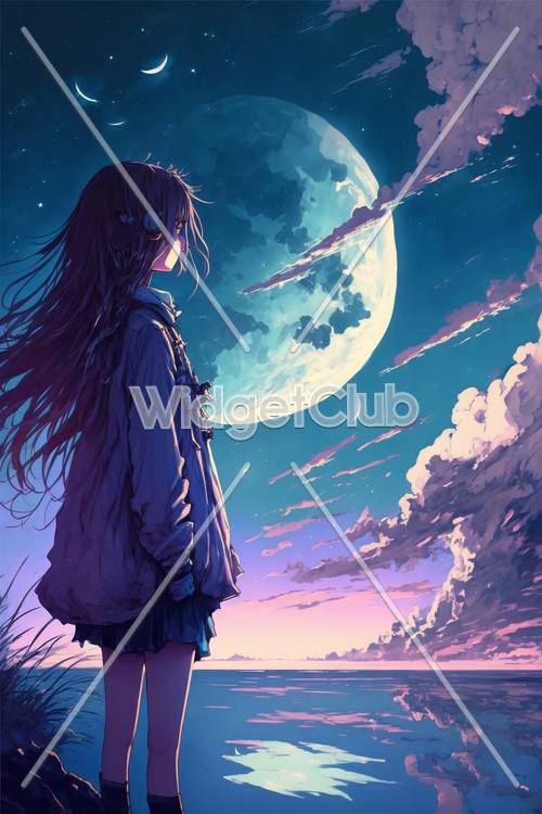 Girl Watching a Moonlit Sky