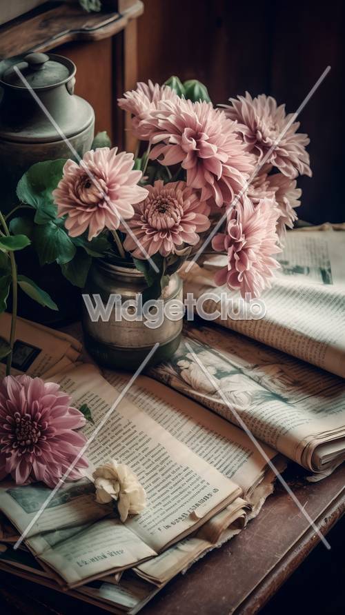 Beautiful Pink Flowers on Vintage Books