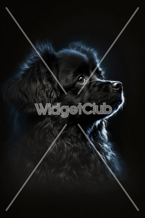 Black Fluffy Dog on Dark Background