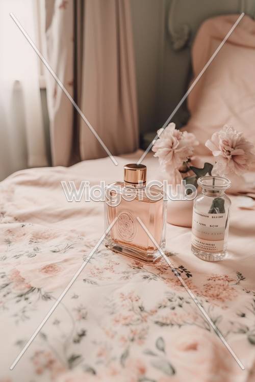 Elegant Perfume Bottles on Floral Bedspread Wallpaper [e9e2dd5c292a486fadd2]