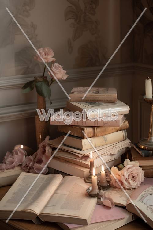 Romantic Vintage Book and Candle Setting Wallpaper [29ad2a1ddea245e680db]