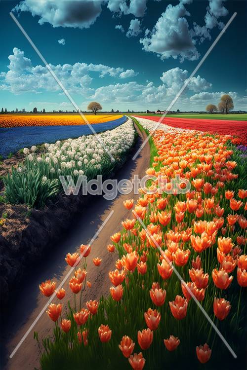 Colorful Tulip Fields under a Sunny Sky