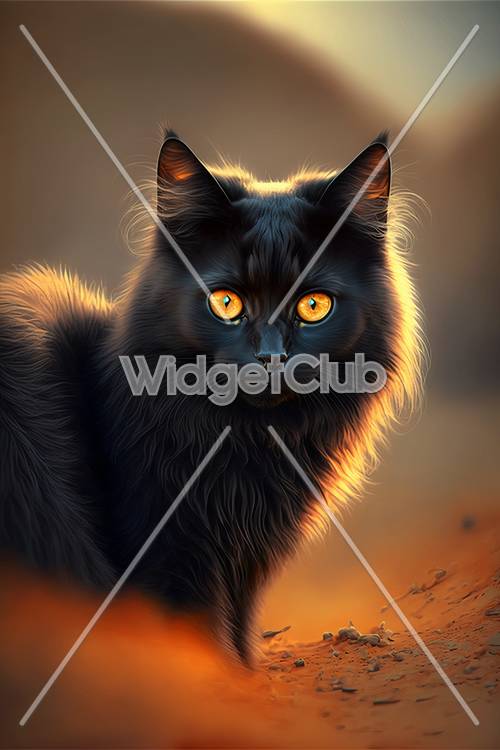 Glowing Eyes Black Cat in Sunset Light